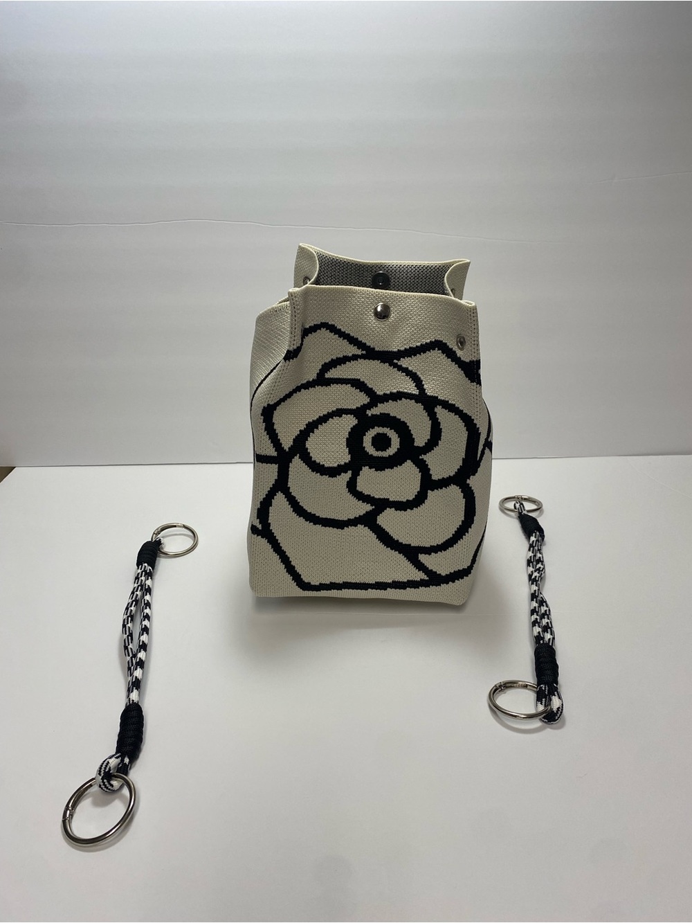 Canvas Flower-Print Crossbody Bag in Cream and Black